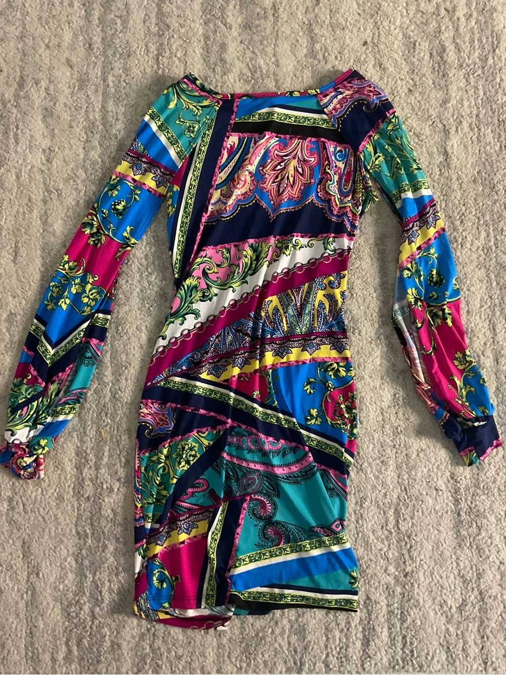 Vibrant Multicolor Paisley Long-Sleeve Bodycon Dress